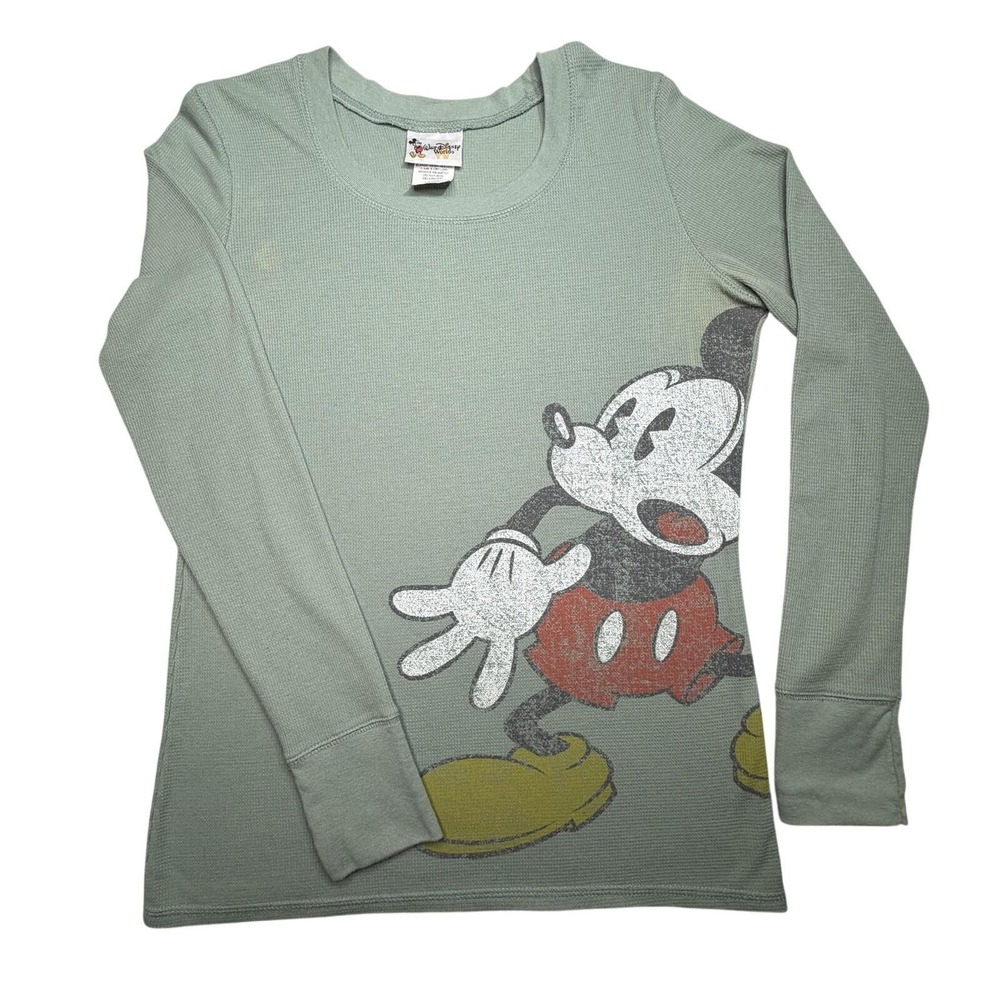 Vtg Walt Disney World Thermal Shirt Womens XL Sage Green Mickey Mouse Waffle Y2K